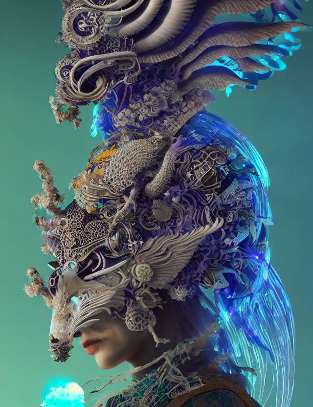 Image similar to 3 d goddess close - up profile solarpunk portrait ram skull. beautiful intricately detailed japanese crow kitsune mask and clasical japanese kimono. betta fish, jellyfish phoenix, bio luminescent, plasma, ice, water, wind, creature, artwork by tooth wu and wlop and beeple and greg rutkowski