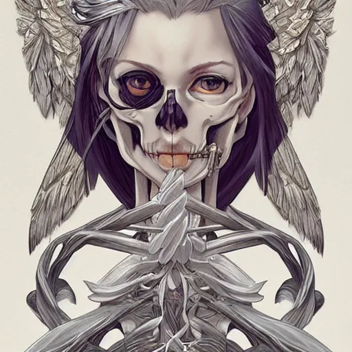 Image similar to anime manga skull profile young woman skeleton, angel, unreal engine, intricate, elegant, highly detailed, digital art, art by JC Leyendecker and sachin teng