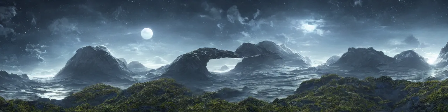 Image similar to an amazing scenic view from an alien world, photo. Hyperrealism