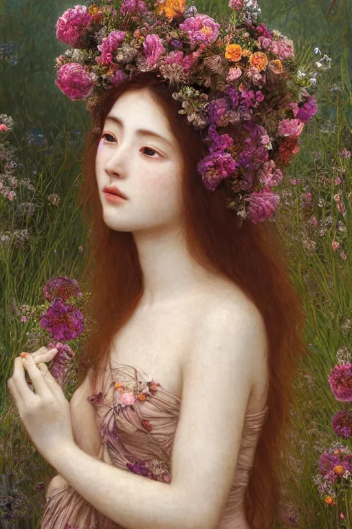 Prompt: Pre-raphaelite painting of a beautiful asian girl with freckles, wearing a flower headpiece, surrounded by big flowers, porcelain skin, cinematic lighting, photo realistic, highly detailed, maya, digital painting, artstation, concept art, sharp focus, illustration, by Mucha