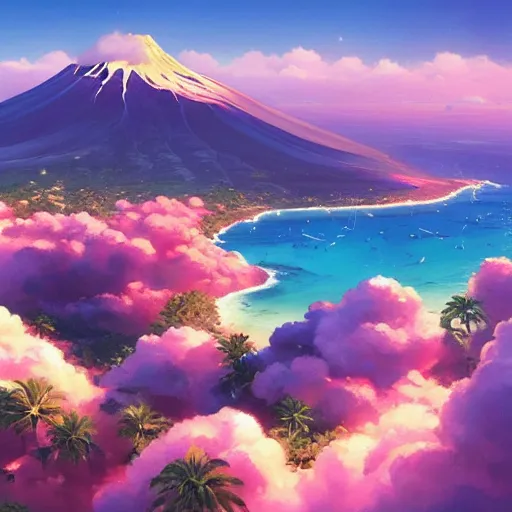 Image similar to a painting a breathtaking aerial view of Hawaiian islands, surrounded by palm trees, clouds, flowers, volcano, azure ocean, sunlight glistening, glow, , a detailed matte painting by sylvain sarrailh, Stephan Martinière, by RHADS, Makoto Shinkai, bokeh, Artstation contest winner, fantasy art, concept art, #vfxfriday