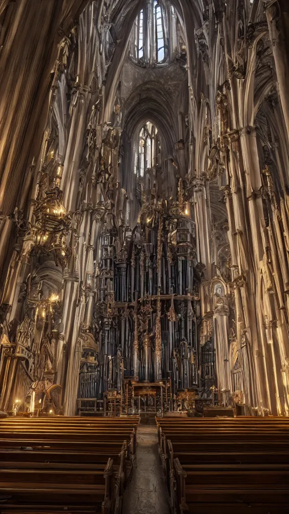 Prompt: a complex ancient pipe organ cathedral interior, 4 k, stone pews, torches, lighting, unreal engine 5 render, natural color scheme, architectural photography, f 3 2, still from movie by guillermo del toro