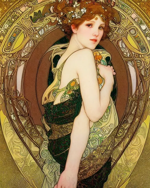 Image similar to an elf princess by Ross Tran, Alphonse Mucha, Gustav Klimt and edgar maxence