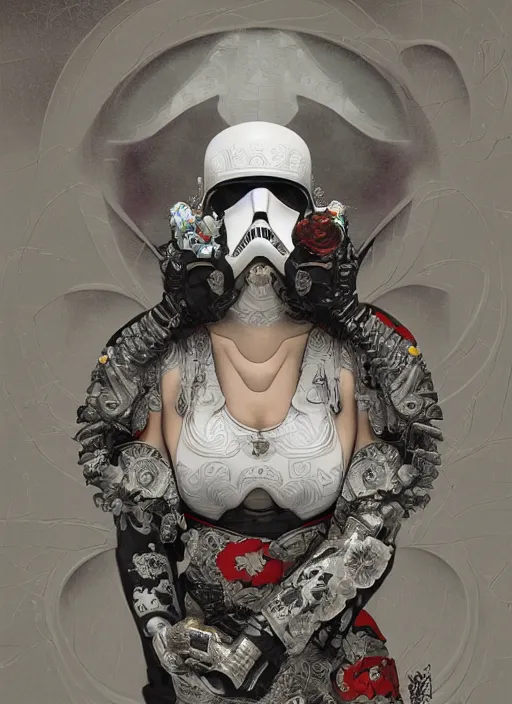 Image similar to portrait of a sensual cyberpunk geisha storm trooper, imari, modern fine art, fractal, in the style of ghosts in the shell, intricate ornaments, elegant, highly detailed, digital photography, subsurface scattering, by mc escher and greg rutkowski,