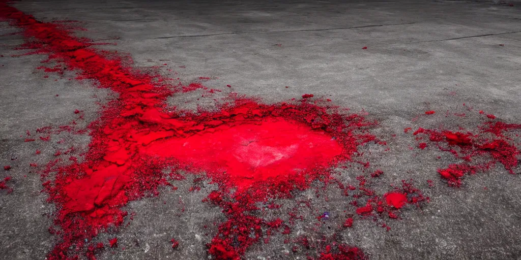 Prompt: Crown covered with red dye, on the concrete ground, cinematic, cinematic lighting, 8k, ultra-detailed, ultra-realistic, hyper-realistic, high detailed