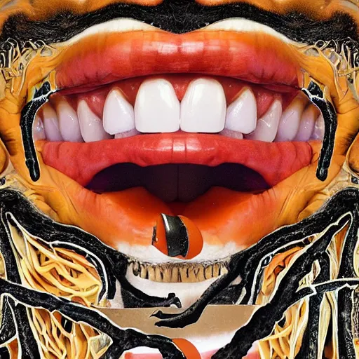 Image similar to album cover, teeth, abstract, black, white, orange, psychedelic, giuseppe arcimboldo