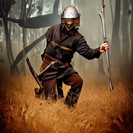 Image similar to australian bushranger wearing metal helmet, award winning epic action photography in rich colors