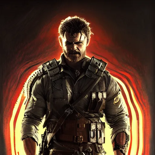 Image similar to Chris Hemsworth as Venom Snake, western, D&D, fantasy, intricate, elegant, highly detailed, digital painting, artstation, concept art, matte, sharp focus, illustration, art by Artgerm and Greg Rutkowski and Alphonse Mucha