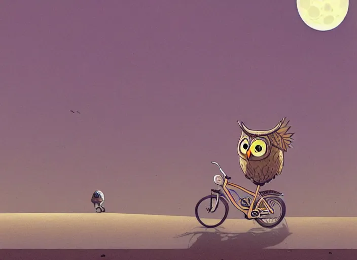 Image similar to a cell shaded cartoon owl riding a bicycle, with a big head, on a desert road, wide shot, in front of a big moon, muted colors, post grunge, josan gonzales, wlop, by james jean, victor ngai, hq, deviantart, art by artgerm