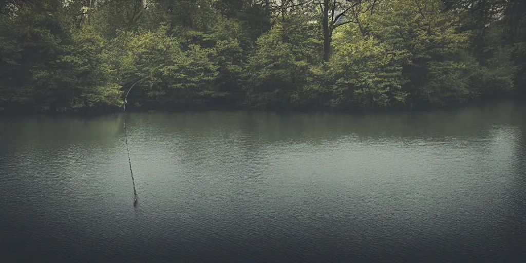 Image similar to centered photograph of a rope floating on the surface of the water, dark lake on a cloudy day, color film, trees in the background, hyper detailed photo, anamorphic lens