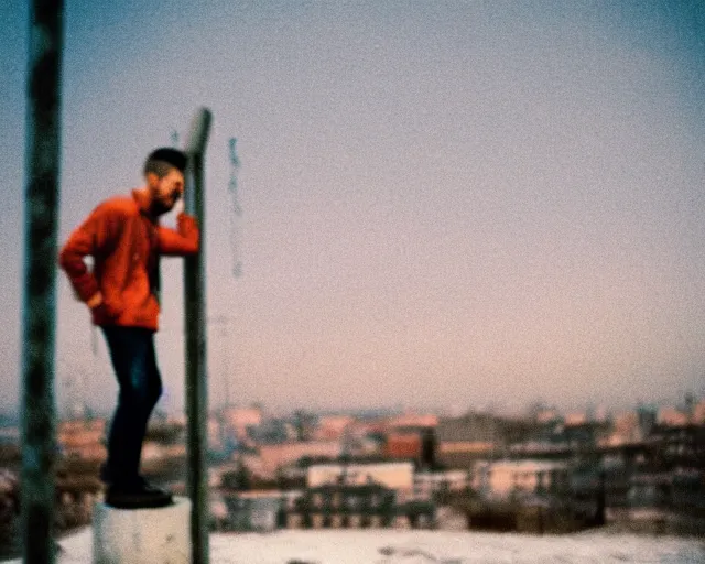 Image similar to lomo photo of man standing on the roof of soviet hrushevka, small town, cinestill, bokeh, out of focus