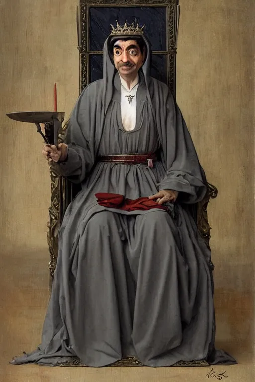 Prompt: Mr Bean as medieval queen, sit on throne, bouguereau