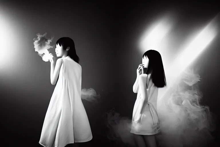 Image similar to photography masterpiece by haruto hoshi and yang seung woo, flash photography, portrait of a young japanese woman in a white dress smoking a cigarette in a cabaret night club, shot on a canon 5 d mark iii with a 3 5 mm lens aperture f / 5. 6, dslr, hd, full res, 4 k