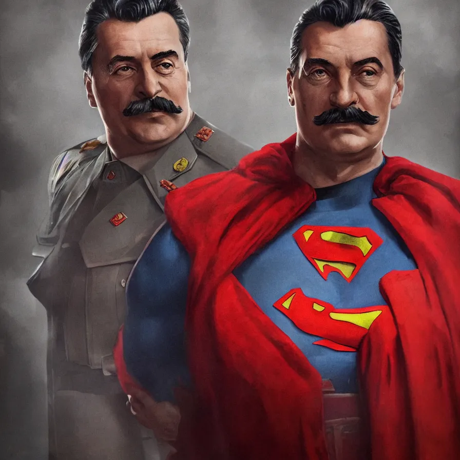 Image similar to stalin as superman, red son, socialist realism, sovietwave aesthetic, hammer and sickles, hyperrealism, ultra detailed, intricate digital art, trending artstation, 8 k, unreal 5, octane render, vfx, volumetric lighting, rich moody colors, fan art, concept art