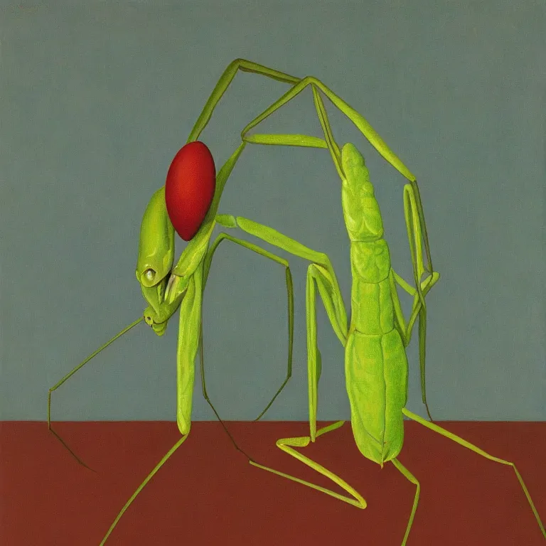 Image similar to praying mantis, by rene magritte, centered, detailed painting, hd, hq, high resolution, high detail, 4 k, 8 k