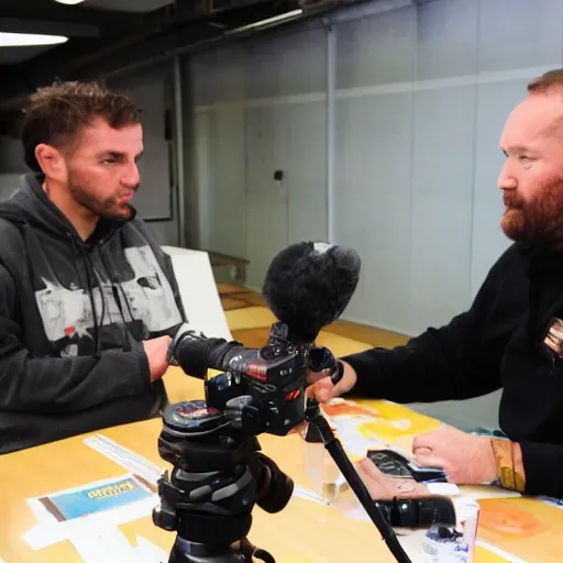 Prompt: documentary camera man interviewing cereal killer