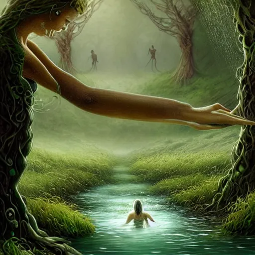 Image similar to beautiful digital fantasy illustration of A woody green field with a stream running through it, with a group of dryad women standing in the water. They seem to be preparing to submerge themselves in the cool, clear waters of the stream. a creepy creature standing in front of a mirror!, concept art by Alex Horley-Orlandelli!!, cgsociety contest winner!!!, gothic art,!!!!, cgsociety, official art, fantasy art, #vfxfriday, highly detailed, soft lighting, rendered in octane, masterpiece, very very very aesthetic