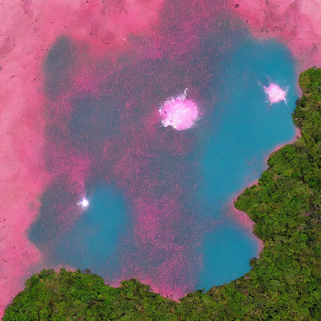 Image similar to looking from space at exploding volcano in middle of the sea with pink beach and shiny sun in back ground and alien plants on beach