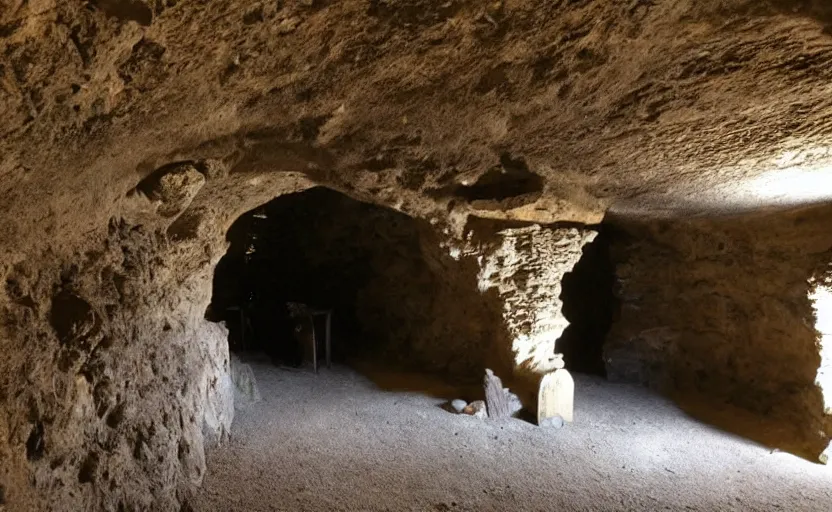 Prompt: cave built into an early medieval village lit by torches, plants