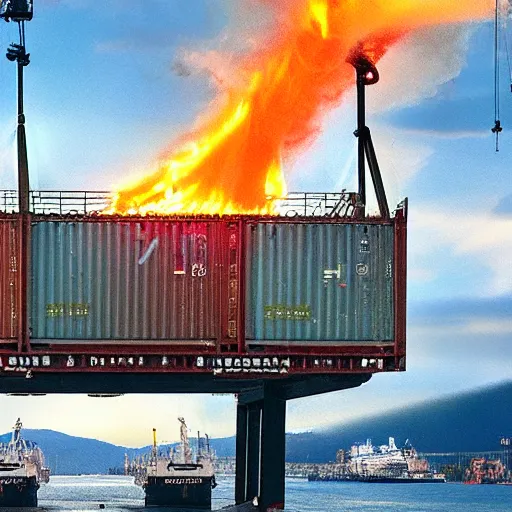 Image similar to Port of Vancouver, gantry lifting a container on fire, hyper realistic, futuristic