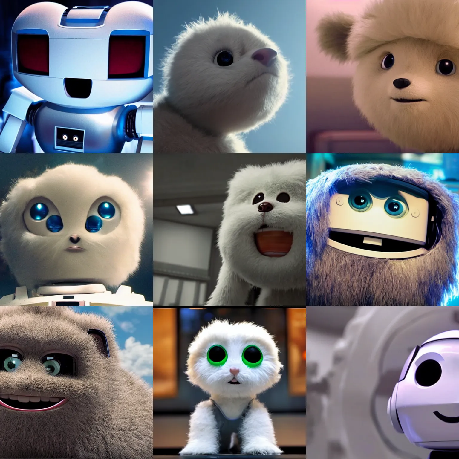 Prompt: < movie - still type = 3 d attention - grabbing > adorable fluffy robot looks up hopefully and curiously < / movie - still >