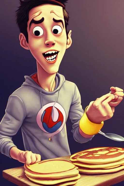 Prompt: pete davidson making pancakes, animation pixar style, by pendleton ward, magali villeneuve, artgerm, rob rey and kentaro miura style, golden ratio, trending on art station