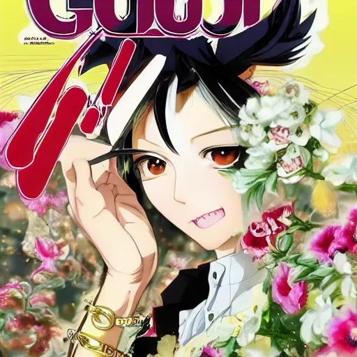 Image similar to Magazine Cover Anime key visual of a Gucci girl; official media; typography; drawn by Hirohiko Araki; Jojo's Bizarre Adventure; Jojolion, portrait, made by Stanley Artgerm Lau, WLOP, Rossdraws, James Jean, Andrei Riabovitchev, Marc Simonetti, Yoshitaka Amano, ArtStation