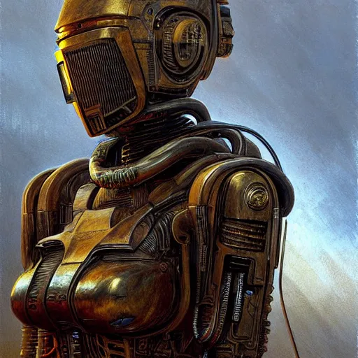 Prompt: sci - fi bounty hunter, atmospheric lighting, painted, intricate, golden hour, ultra detailed by peter gric, giger, enki bilal