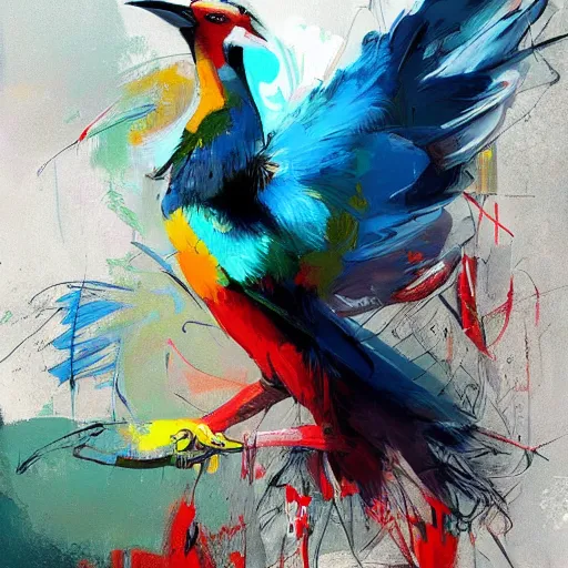 Prompt: A beautiful street art of a large, colorful bird with a long, sweeping tail. The bird is surrounded by swirling lines and geometric shapes in a variety of colors by Jeremy Mann playful, doom