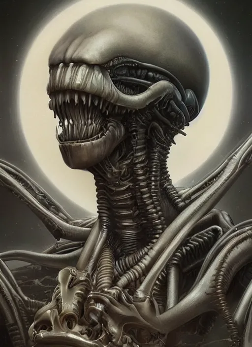 Image similar to a hyper detailed face portrait of ellen ripley becoming a xenomorph, by tom bagshaw, by zdzisław beksinski, trending on artstation