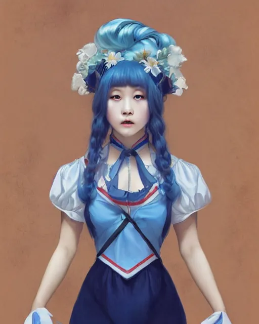 Image similar to symmetrical portrait of a pretty korean girl with blue hair dressed as a french maid digital painting, 8 k, concept art, art by wlop, artgerm, greg rutkowski and alphonse mucha