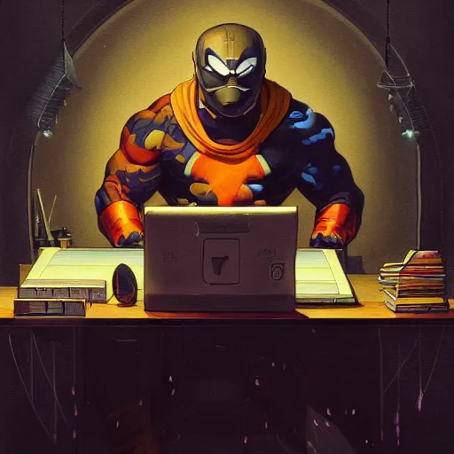 Image similar to a insanely detailed painting of a stocky masked asian man wearing a superhero costume sitting at a desk, staring at the nervously at the computer and typing, in the style of peter mohrbacher, dramatic lighting and composition, trending on artstation, concept art, comic book