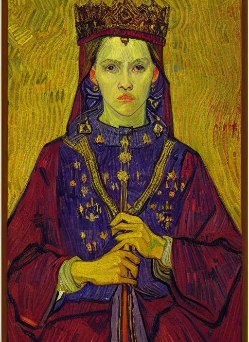 Image similar to !! portrait of a byzantine empress!! by van gogh, detailed face, symmetrical painting, beautiful expressionist oil painting masterpiece, 8 k resolution, smooth, sharp focus, pastel color palette, trending on artstation