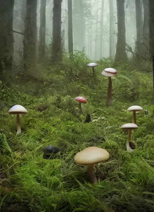Image similar to spooky forest with poisonous mushroom and plants, mist, tim burton, disney, unreal engien