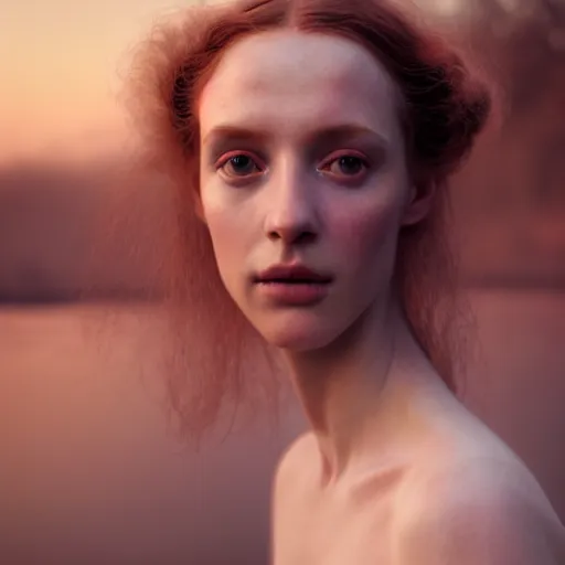 Image similar to photographic portrait of a stunningly beautiful english renaissance female in soft dreamy light at sunset, beside the river, soft focus, contemporary fashion shoot, in a denis villeneuve and tim burton movie, by edward robert hughes, annie leibovitz and steve mccurry, david lazar, jimmy nelsson, extremely detailed, breathtaking, hyperrealistic, perfect face, octane render