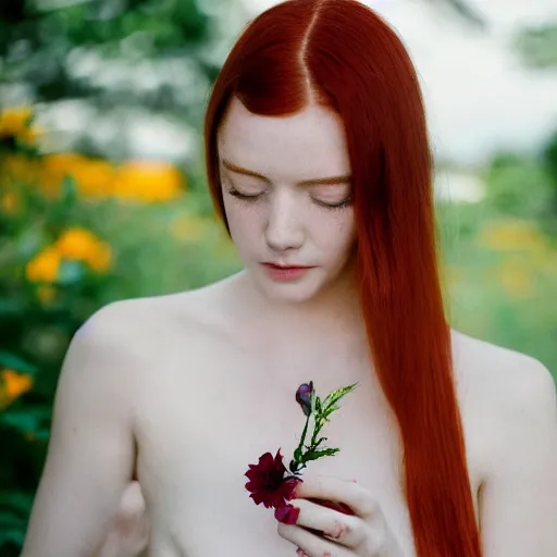 Image similar to Portrait of a young redhead lady with a flower, Canon EOS R3, f/1.4, ISO 200, 1/160s, 8K, RAW, unedited, symmetrical balance, in-frame