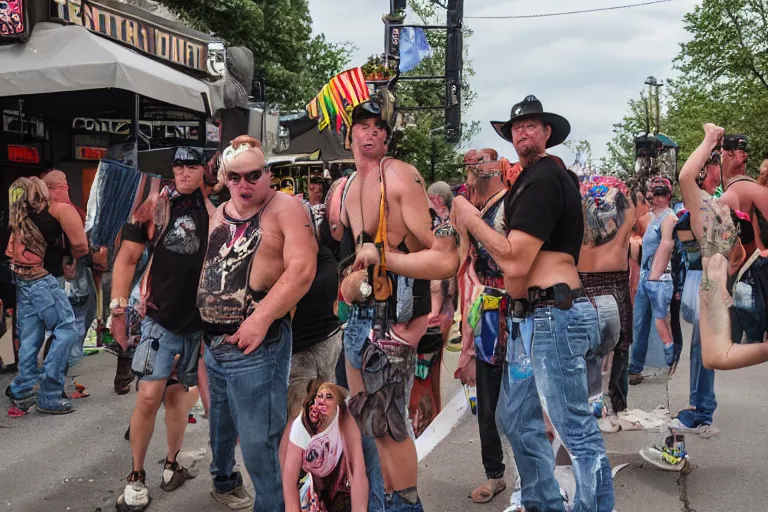 Prompt: pride party of rednecks, street photography, photojournalism