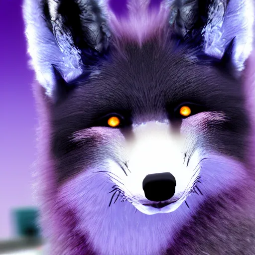 Image similar to second life game screenshot close up of a fluffy black fox with pretty purple eyes