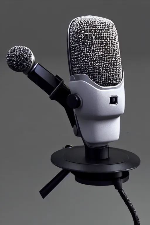 Image similar to high quality 3 d render shure 5 5 s microphone hybrid very cute cyborg crow!, cyberpunk highly detailed, unreal engine cinematic smooth, in the style of blade runner & detective pikachu, hannah yata charlie immer, moody light, low angle, uhd 8 k, sharp focus