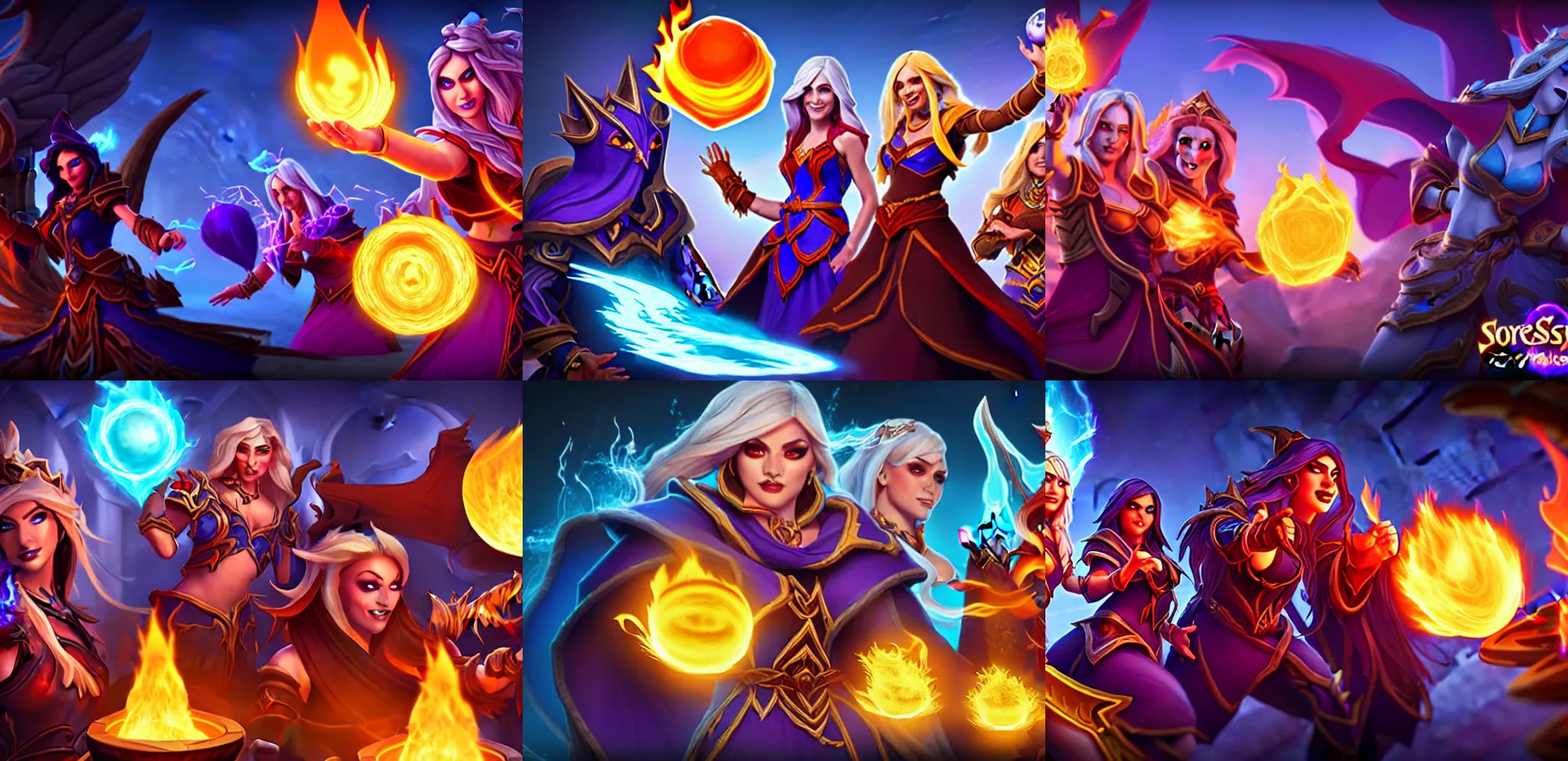 Prompt: the sorceress cast a fire ball, hearthstone official splash art, promotional image, tv still frame