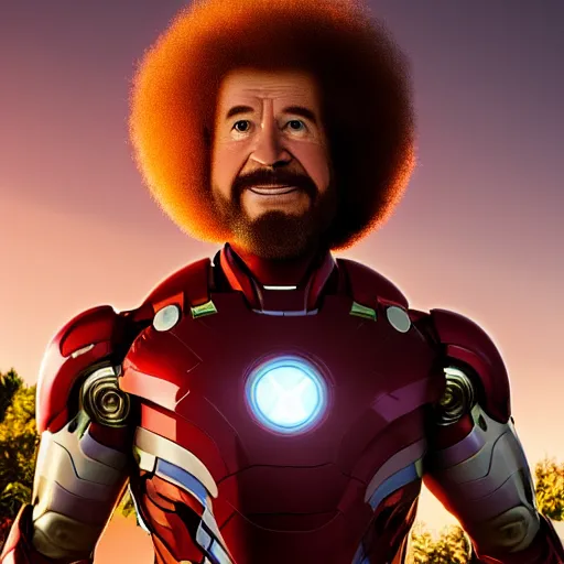 Image similar to a still of Bob Ross as Ironman. Magic Hour. Professional photography, 4K. Mood