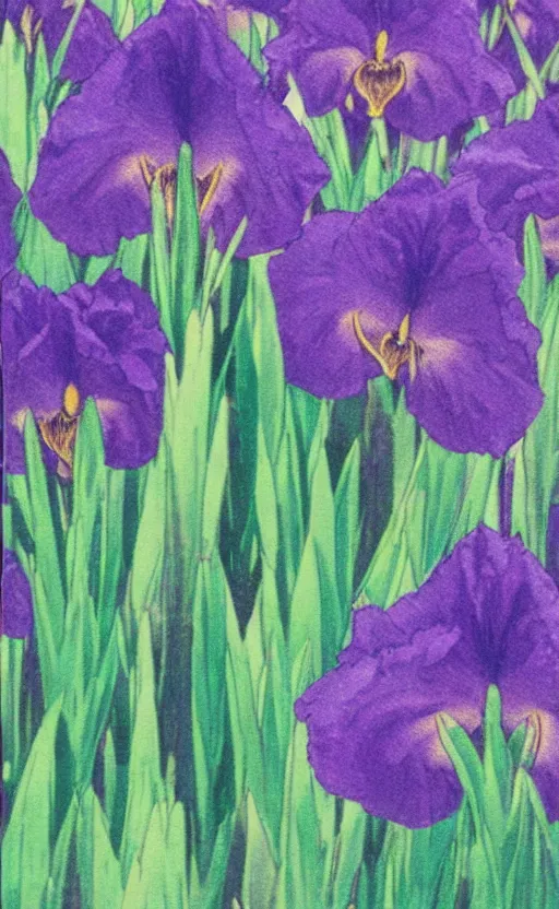 Prompt: by akio watanabe, manga art, soft purple iris flowers and lake, trading card front