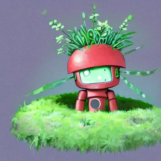 Image similar to cute robot made of plants wearing tomato hat and a chive sword, made in abyss style