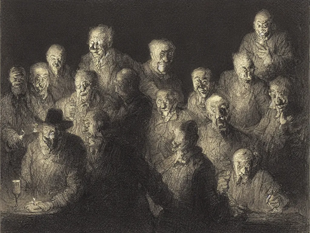Prompt: expressive portrait of a gang of old clowns. candlelight. painting by gustave dore, rembrandt