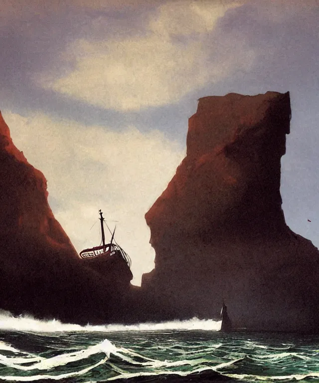 Image similar to photorealistic painting of a 1 9 2 5 seiner sailing near a tropical cliff with the mouth of a sea cave at the waterline, dark, brooding, atmospheric, lovecraft, horror, smooth, epic, highly detailed, cinematic, by angus mcbride