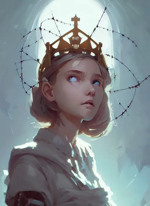 Image similar to portrait of cute angel maiden girl with crown of thorns and white short hairs, warhammer, cyberpunk, by atey ghailan, by greg rutkowski, by greg tocchini, by james gilleard, by joe gb fenton, by kaethe butcher, dynamic lighting, gradient light blue, brown, blonde cream and white color in scheme, grunge aesthetic