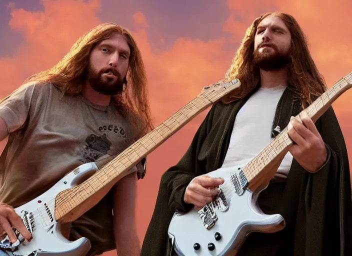 Image similar to metal jesus rocks playing an electric guitar in front of an audience of angels, movie still, 8 k