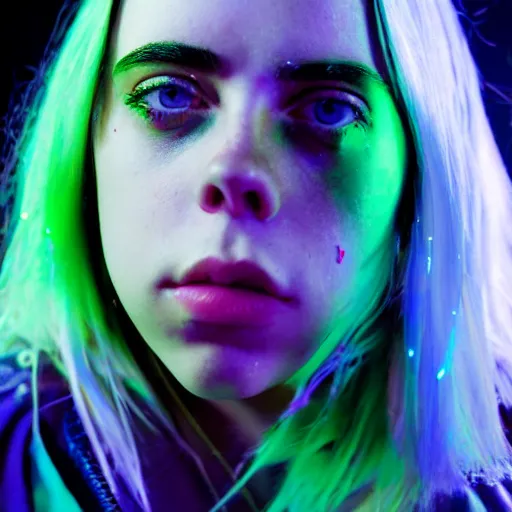 Image similar to beautiful portrait of amazing billie eilish in the street, explosion of neon lights, close up, 5 0 mm lens, model photography derailed realistic