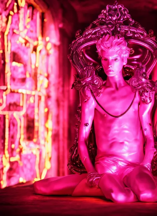 Image similar to photo of baroque and bladerunner delicate neon ruby sculpture of seductive ceramic albino king adrien sahores delicious pink iridescent humanoid deity wearing black fluffy hoody holding diamond skull in a black metallic dungeon, reclining, glowing rainbow face, crown of white diamonds, cinematic lighting, photorealistic, octane render 8 k depth of field 3 d