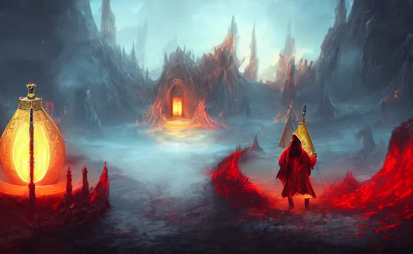 Prompt: red hooded mage, holding a golden bell, standing in front of an arcane gate to another realm, mindblowing, concept art, matte, illustration, ominous, magical, dnd, 4 k uhd, very detailed